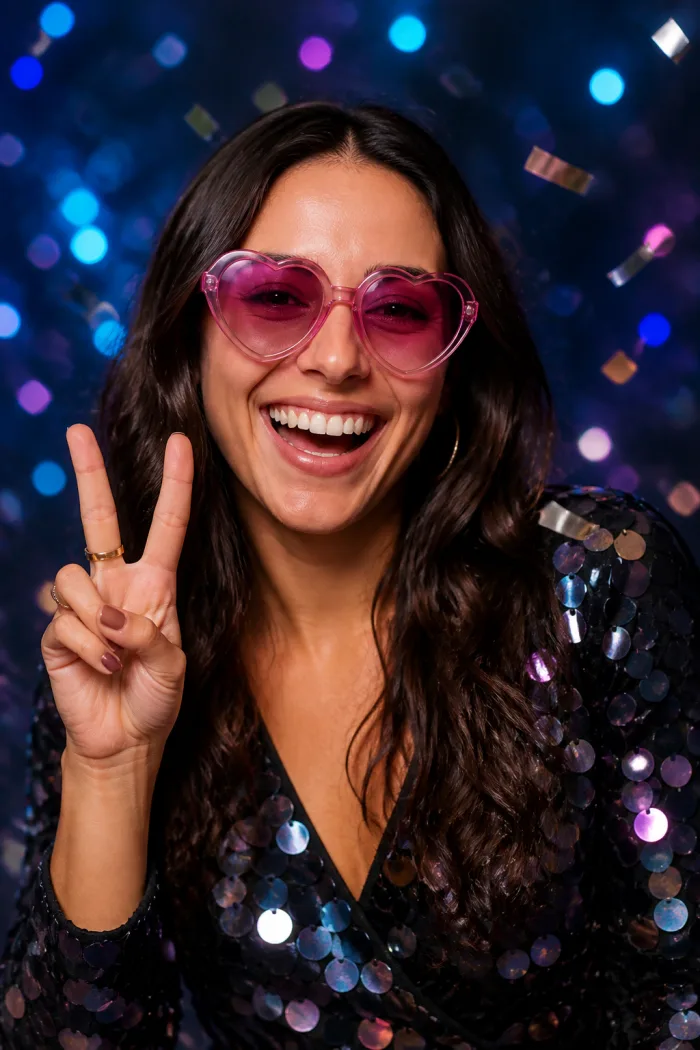 Party guest wearing heart-shaped glasses